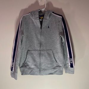 Girls Polo Sweatsuit Grey with Navy and Pink Trim/Jacket size 6X/pants size 7